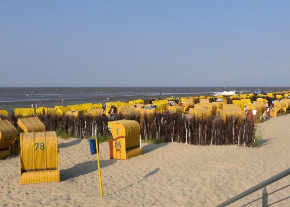 Blick auf Strandkörbe und Nordsee am Duhner Strand in Cuxhaven Duhnen
